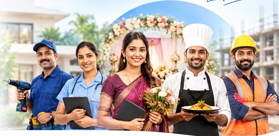 Service professionals representing home maintenance, healthcare, wedding planning, cooking and construction